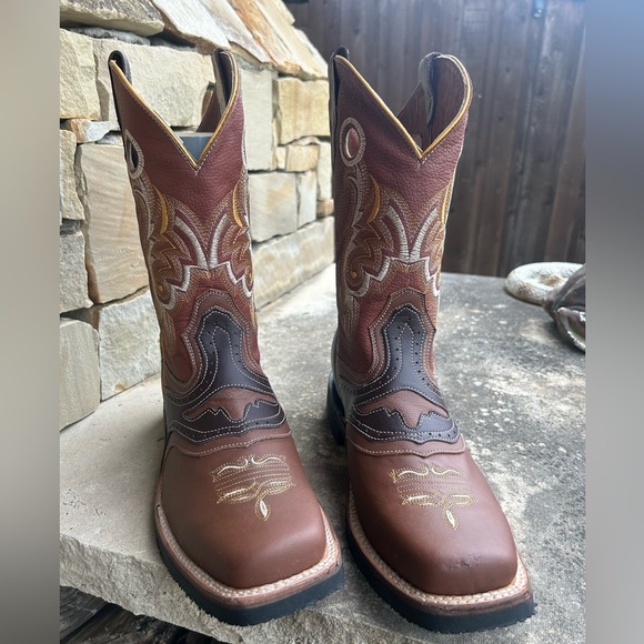 Mens Western 2 tone Brown Cowboy leather Boots w/square toeSz-30 (US 11.5) locBB - Picture 4 of 12
